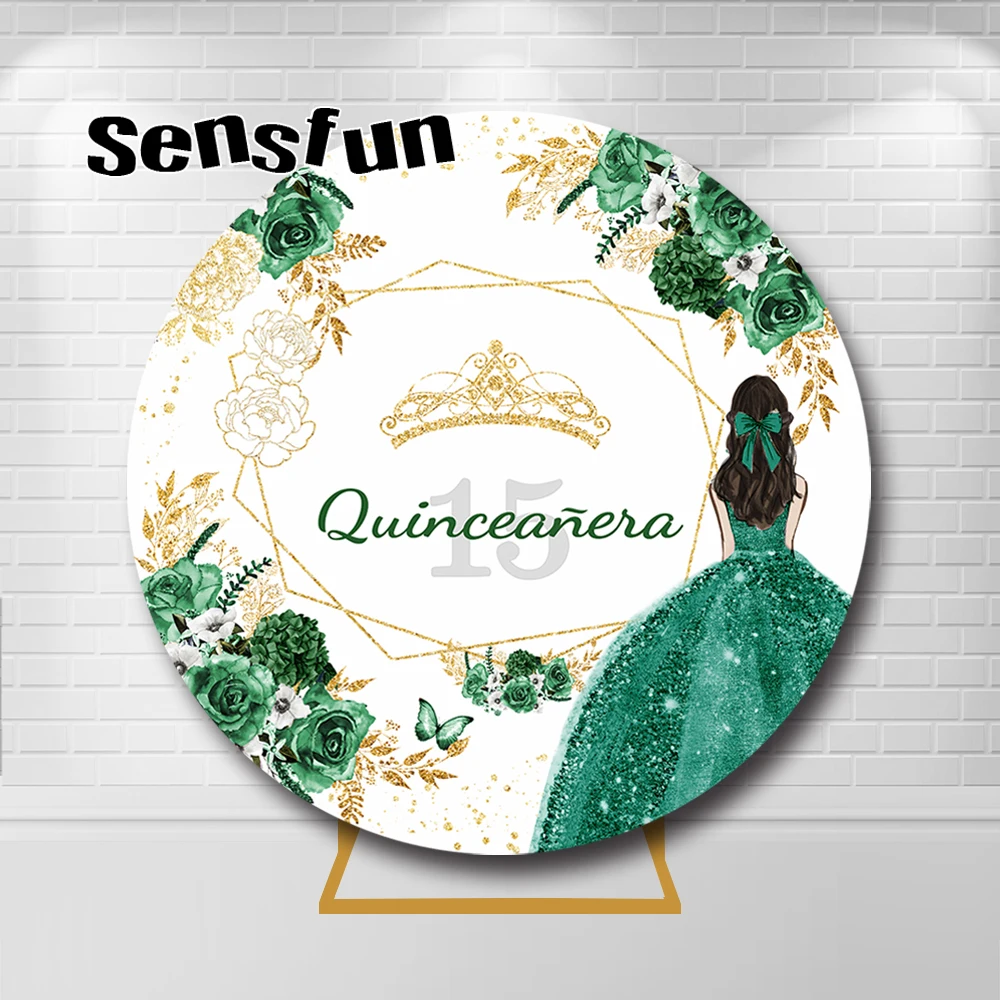Quinceanera Sweet 15 الأميرة بنات حفلة عيد ميلاد خلفية مستديرة فستان أخضر زمردي تاج ذهبي بريق خلفيات مخصصة