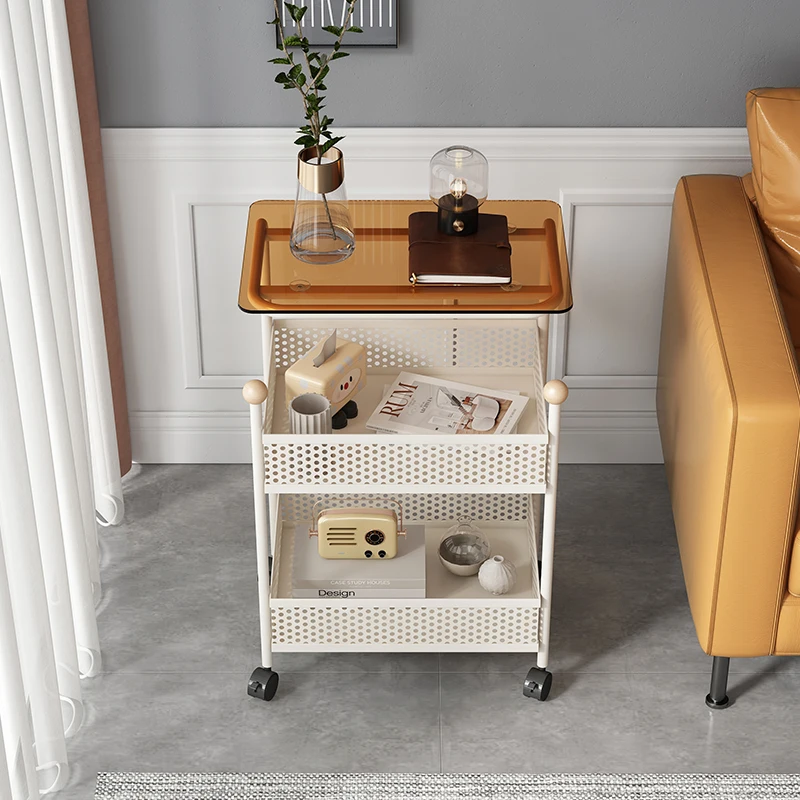 

Metal Snack Storage Cart Mobile Sofa Side Table with Wheels Compact Living Room Storage Holder Bedside Glass Coffee Table