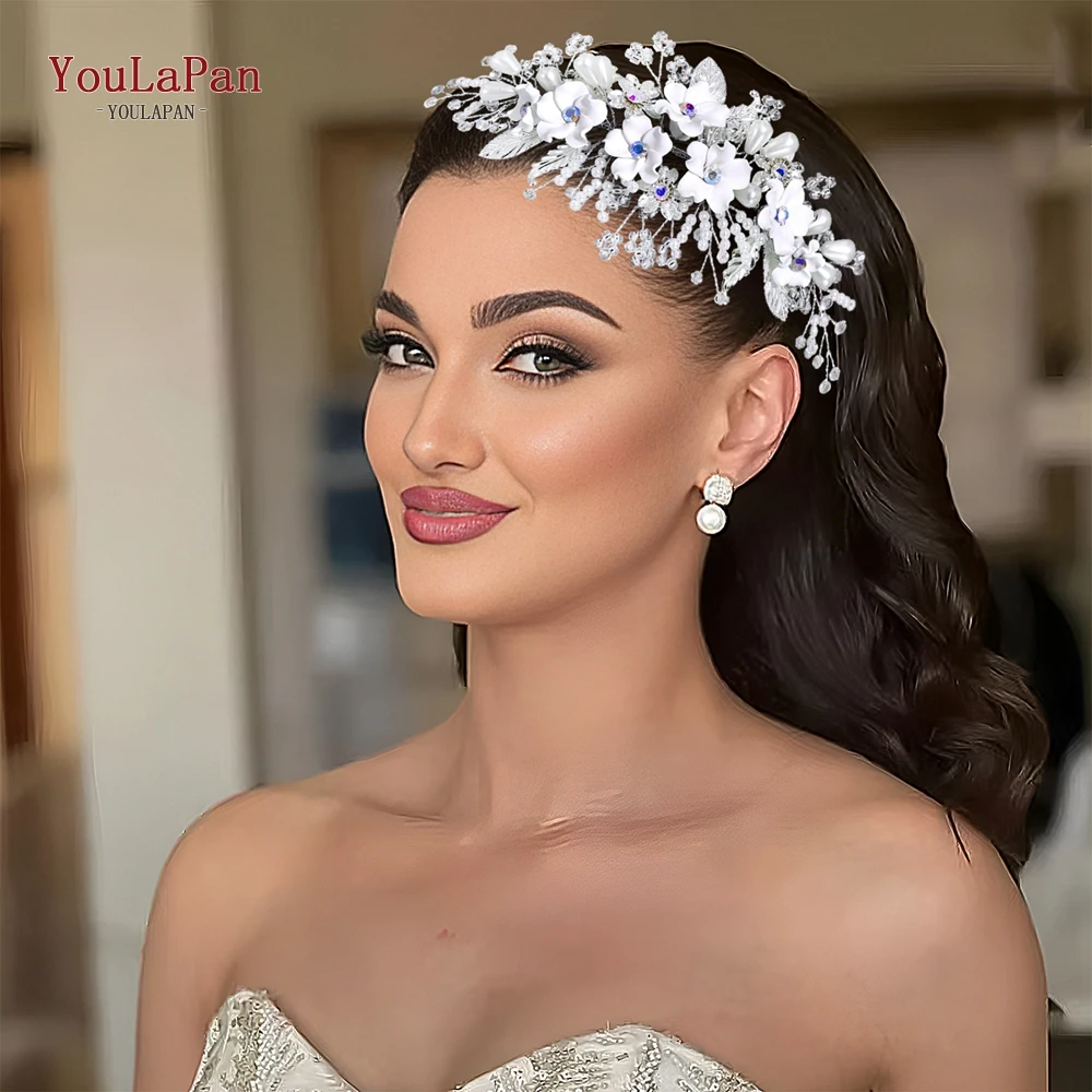 

YouLaPan Alloy Leaf Flowers Headband Handmade Wedding Hair Accessories Bride Pearl Headdress Bridesmaid Crystal Headwear HP856