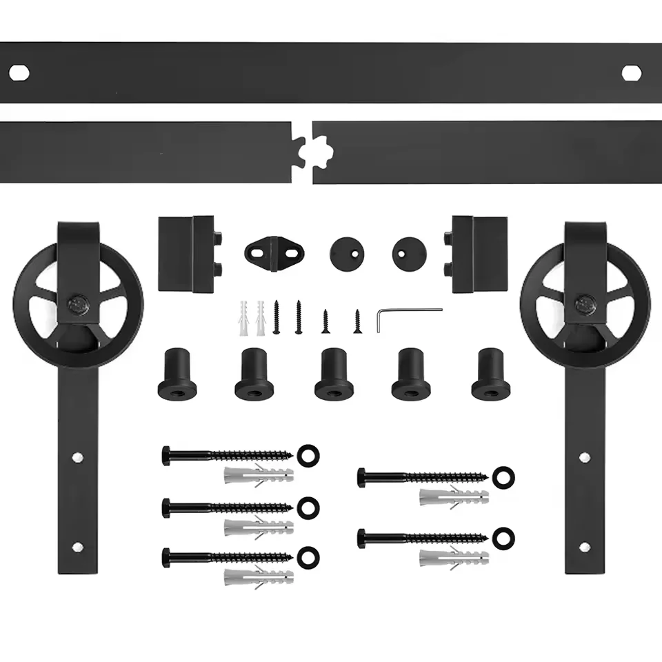 HACCER  4-16FT Sliding Barn Door Hardware Big Spoke Wheel Slide Track Kit for Double Door Industrial Style