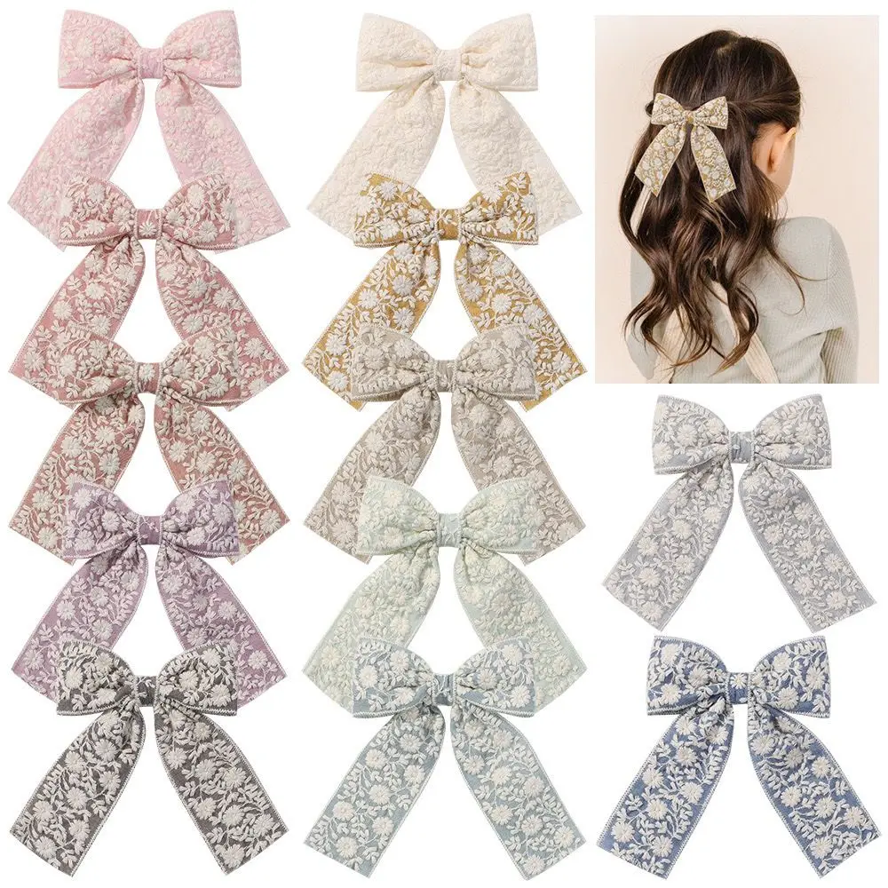 Algodão do bebê bordado bowknot grampos de cabelo, caudas longas pinos, presilhas para crianças, meninas Headwear, novo, 60 pcs por lote