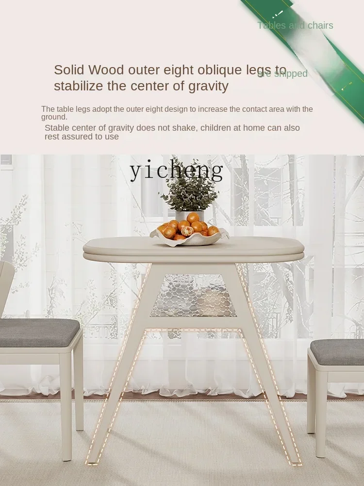 Table à manger compacte TQH6.4 en bois massif, style crème, pour balcon, avec plateau en pierre et chaises assorties.