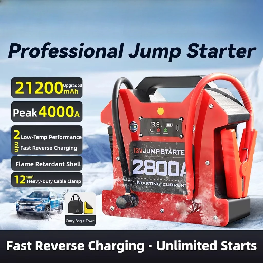 Car Emergency Start Power Supply 2800A Peak Current 33W Type-C 5V Air Pump Emergency Ignition Petrol Cars Red