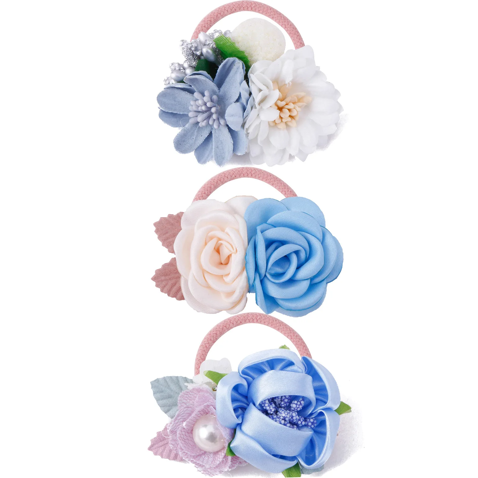 3 Pcs Set Princess Style Flower Hair Rope Hair Rings New Hot Sell Fresh & Idyllic Style Super Elastic Flower Hair Rope for Girls