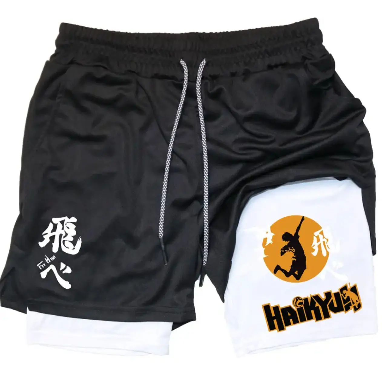 

Summer Men's 2-in-1 Fitness Shorts Anime Flying Heart Volleyball Youth Printing Breathable Quick-drying Sportswear with Pockets