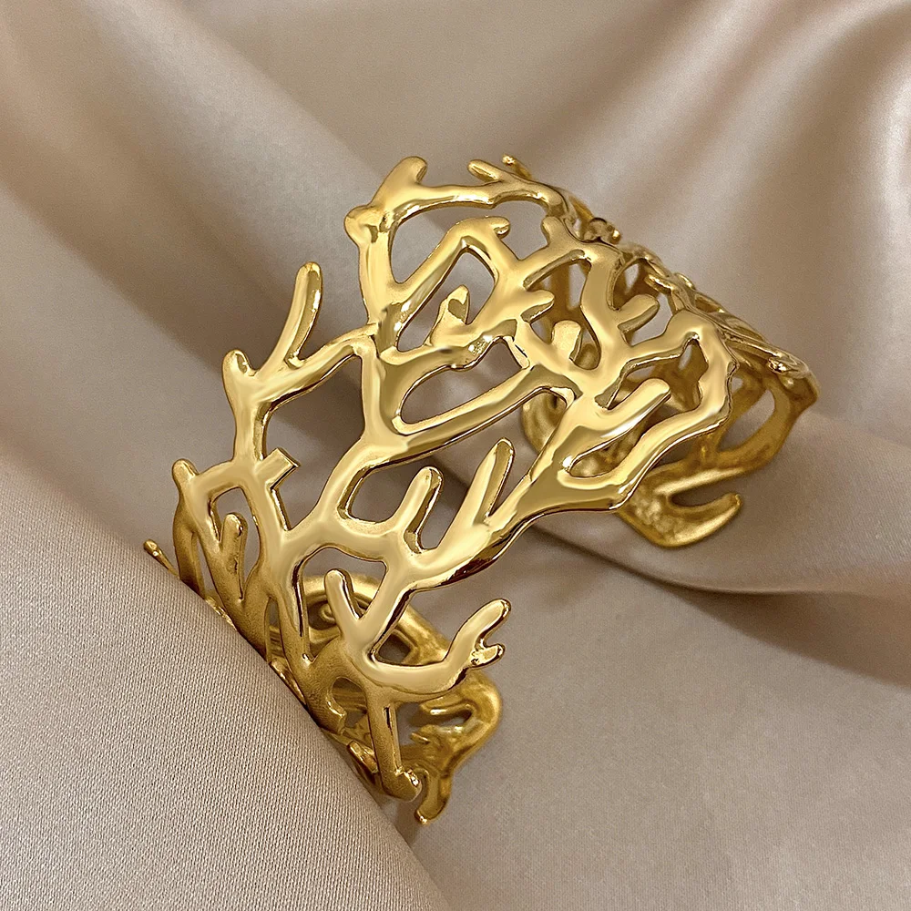 Fashion Gold Silver Color Stainless Steel Bracelet for Women Chic Chunky Irregular Coral Shaped Open Bangles Jewelry Gifts