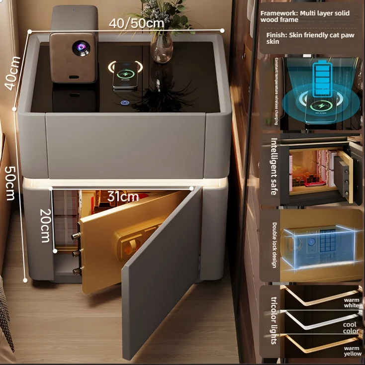 Luxury Modern Smart Mirrored Bedside Table with Built-in Safe LED Light Wireless Charging for Bedroom Living Room Home Apartment