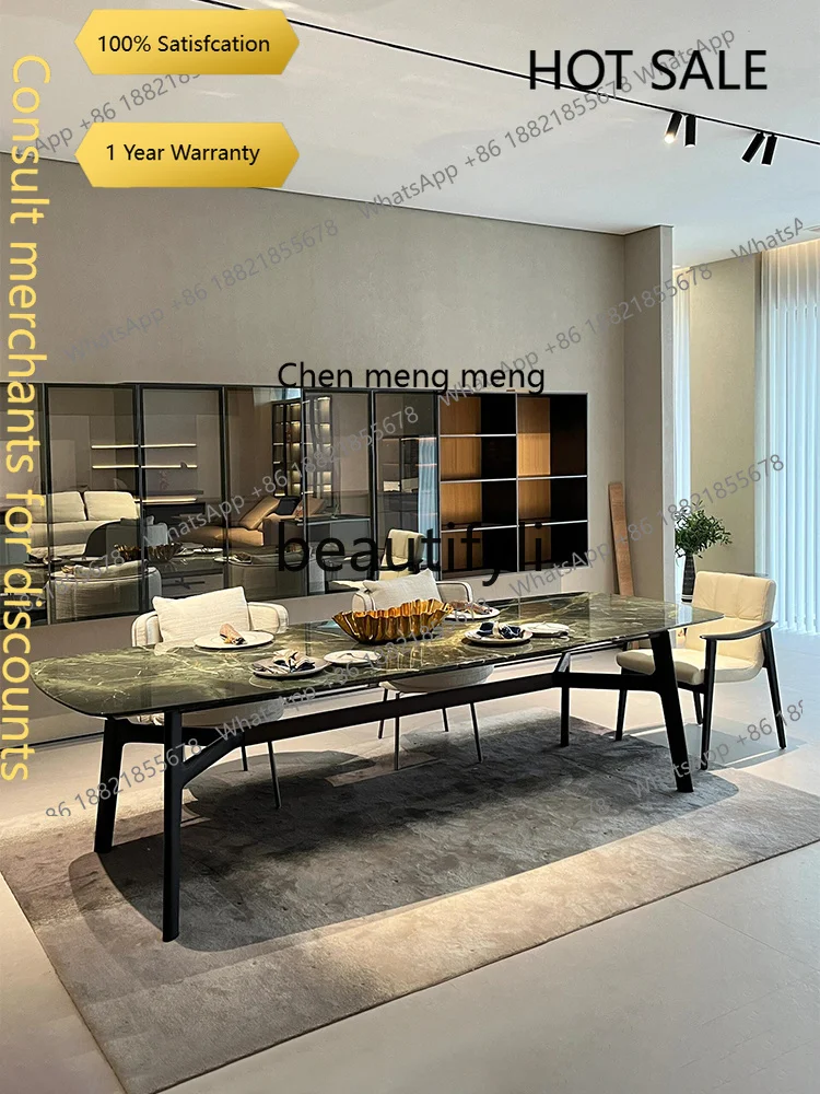 D5556 Prada green luxury stone dining table minimalist rectangular villa large flat solid wood foot dining table