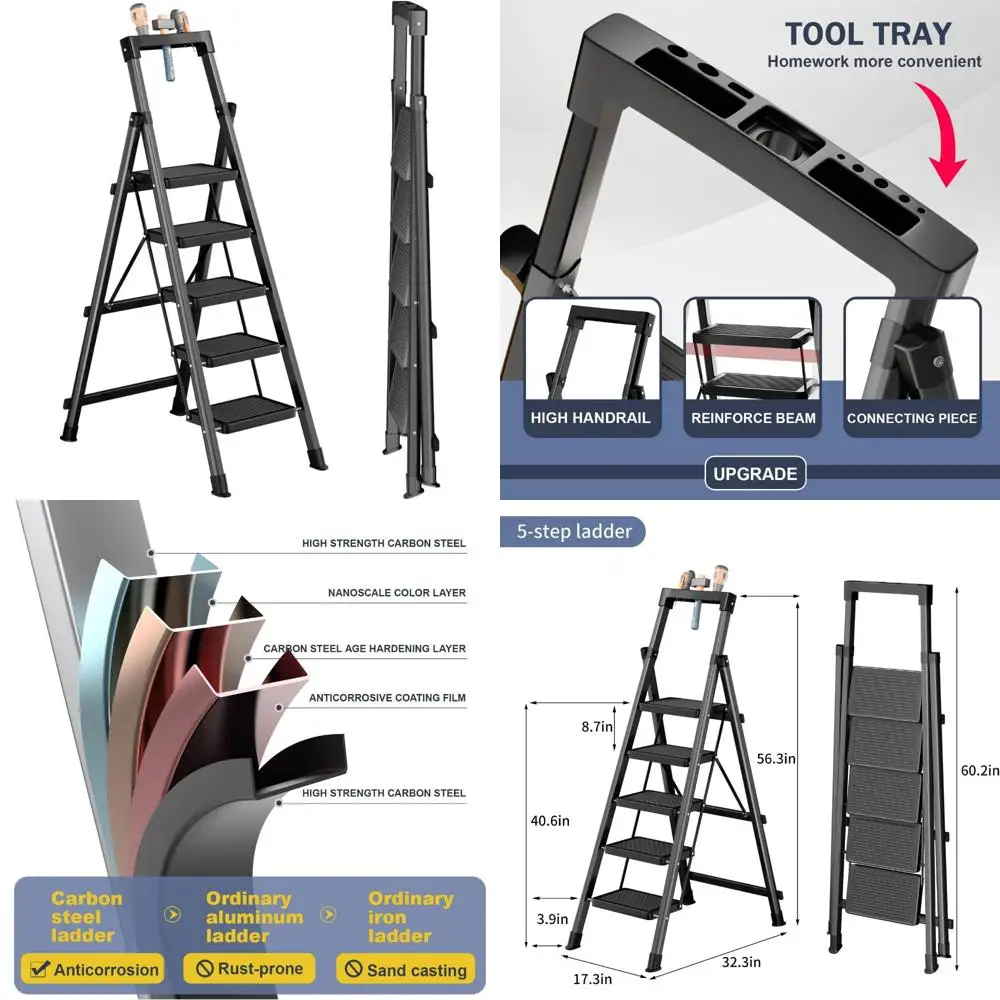 

5-ступенчатая лестница с лотком для инструментов, портативная стремянка, нагрузка 330 фунтов, складная стремянка с противоскользящими расширенными педалями, Handrail, безопасная блокировка De