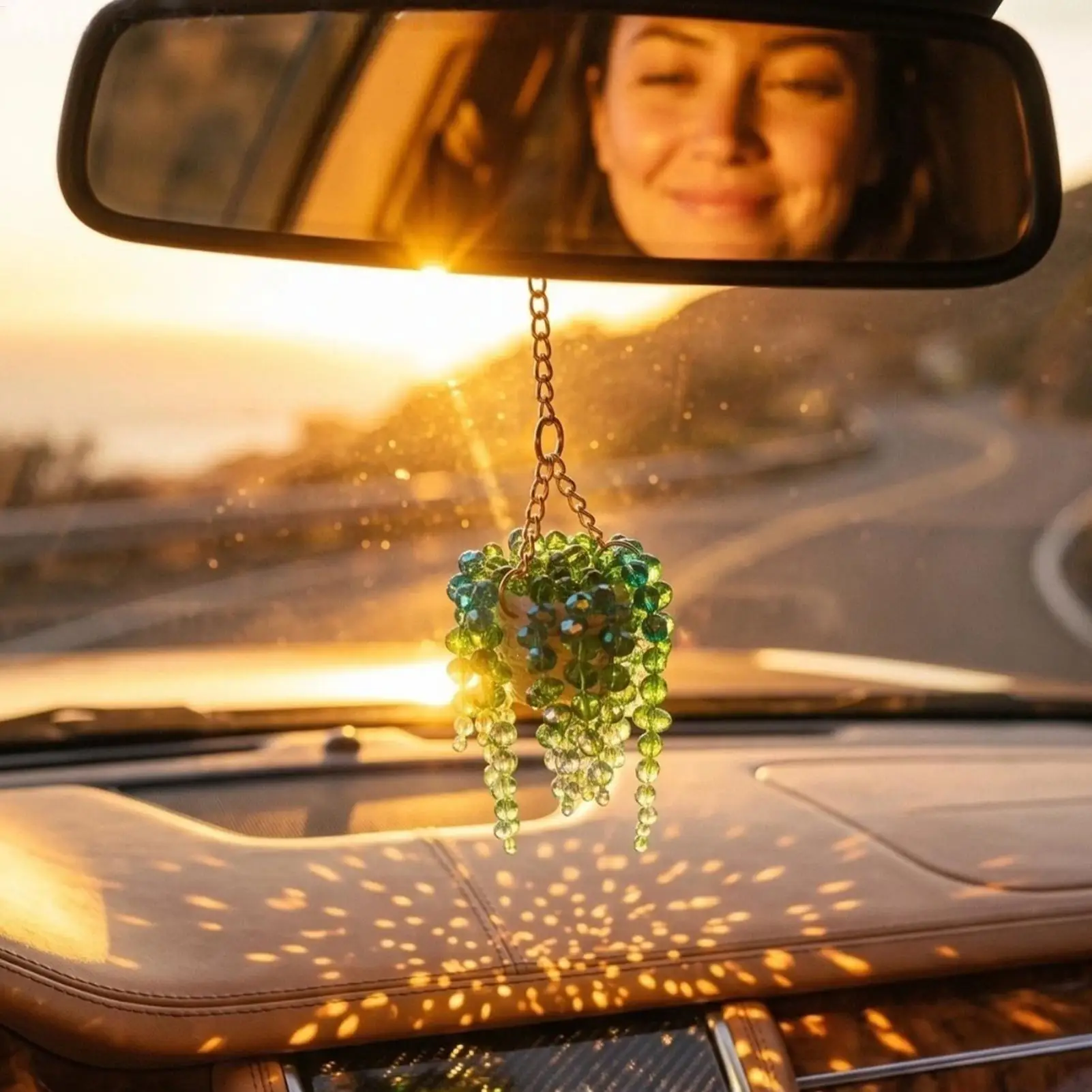 Car Rearview Mirror Decorative Pendant, Trendy Interior Gift, Preserved Succulents Plant Beaded Plant Sun Catcher, Crystal Plant