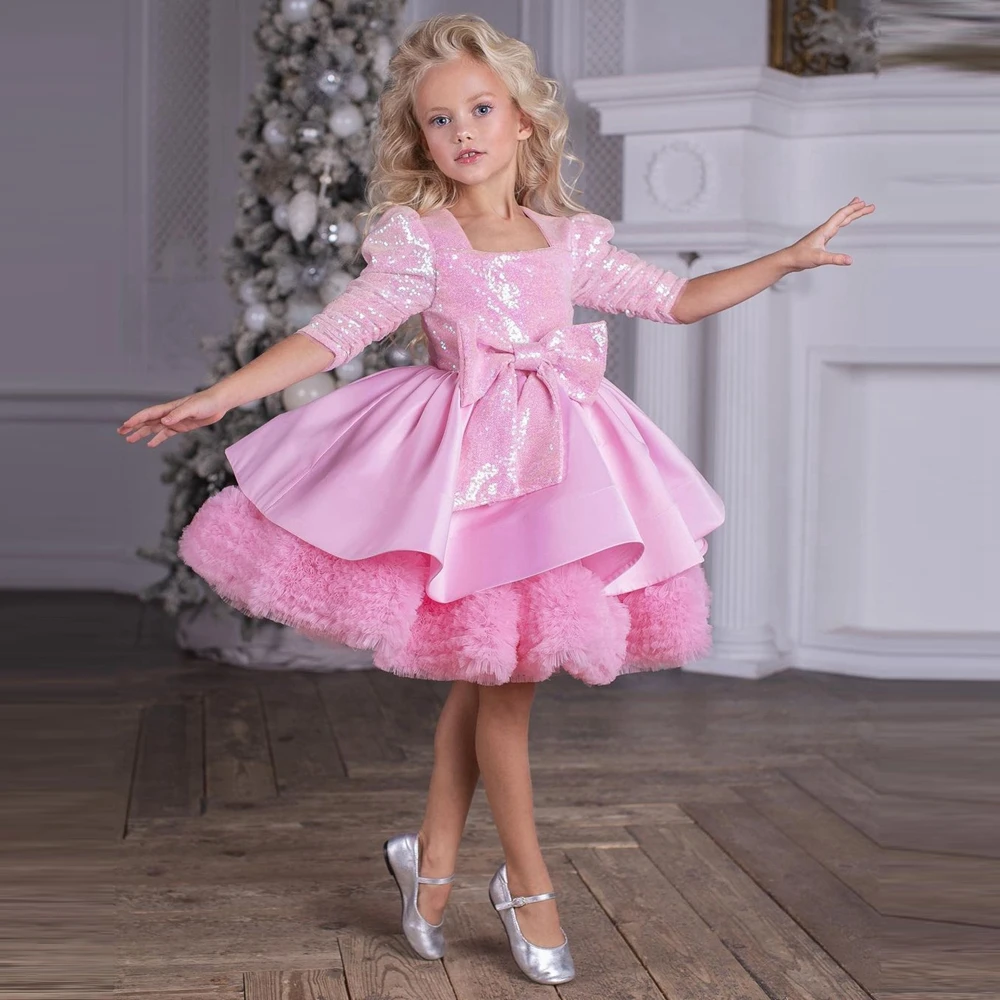 

Cute Bow Sequins Mini Kids Party Dresses Modern Square Collar Satin Mesh Flower Girl Dress Puffy Kids Brithday Photo Shoot Gowns