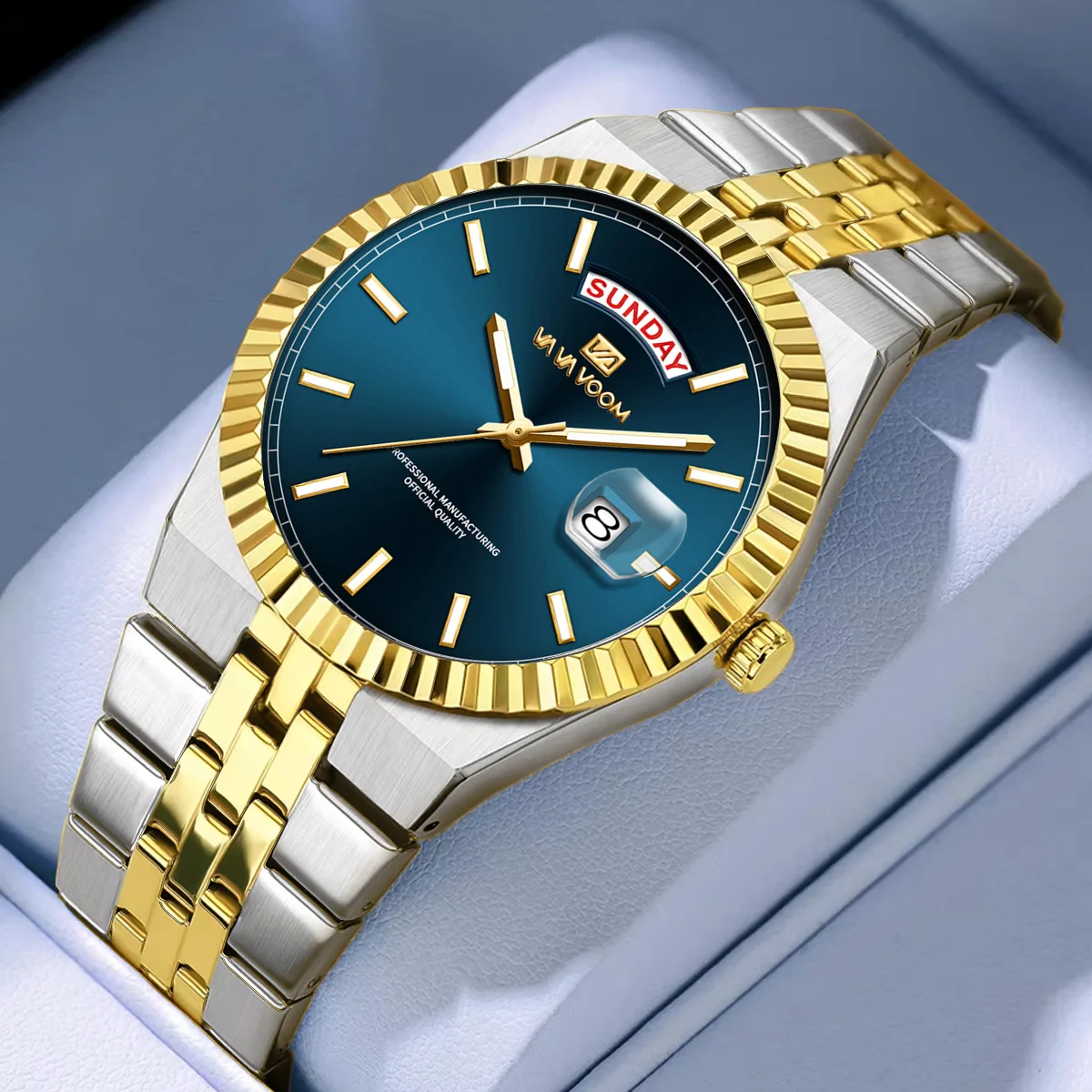 Luxury Men Quartz Watch Blue Gold Stainless Steel Calendar Clock 3Bar Waterproof Business Pilot Brand Original Wristatch for Men