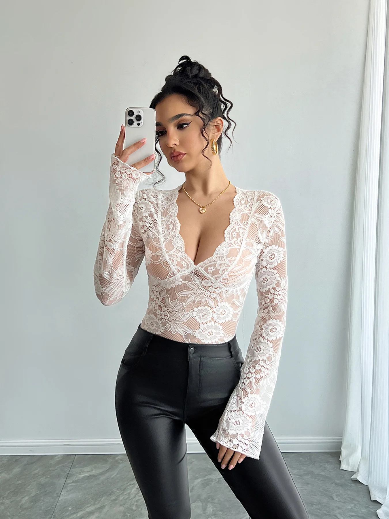 Hot Sexy Semi-Transparent Deep V Neck Lace Shirts For Women Elegant Ladies Slim Fit Long Sleeve Solid T Shirts Bottom Tee WY0019