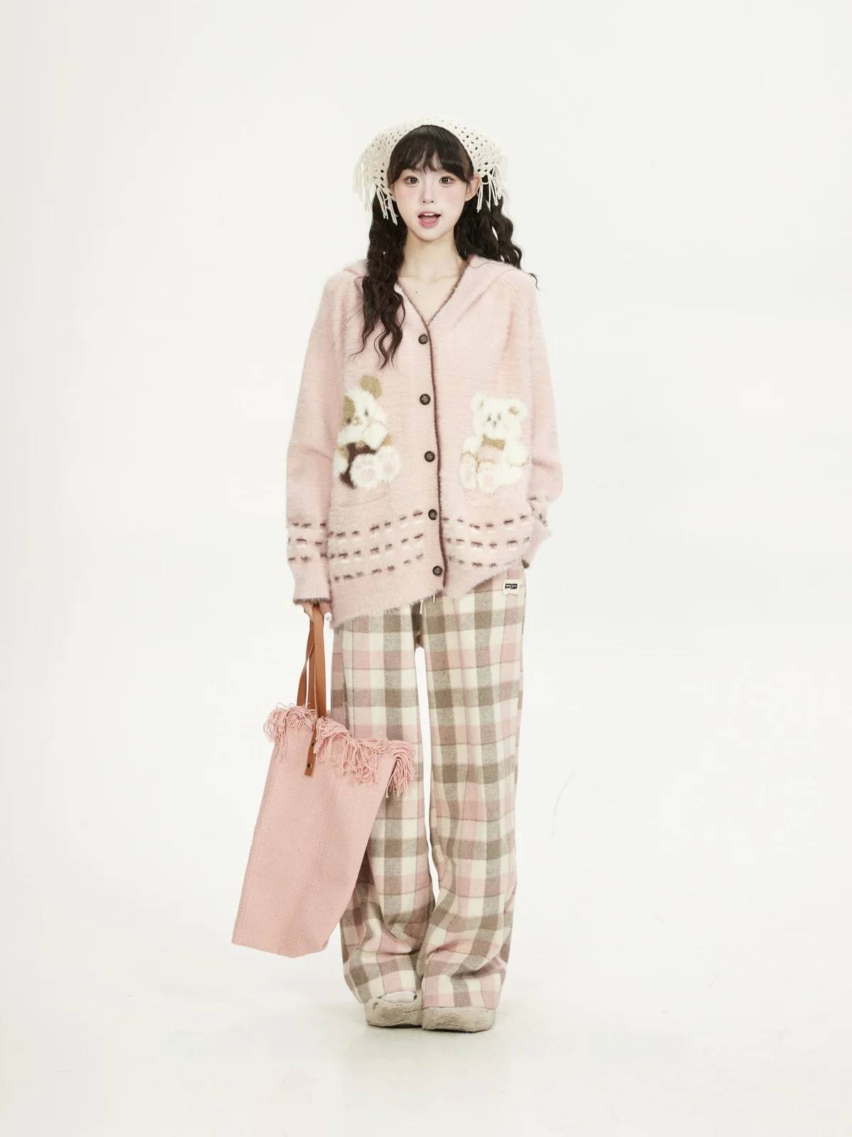 

Soft Pink Bear Embroidery Knitted Open Cardigan Women's Autumn Winter Lazy Korean Sle Small Size Loose Sweater Jaet