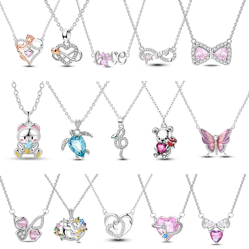 

925 Sterling Silver Sea Turtle Necklace Little Bear Double Buckle Necklace for Women Fashion Anniversary Birthday Jewelry Gifts