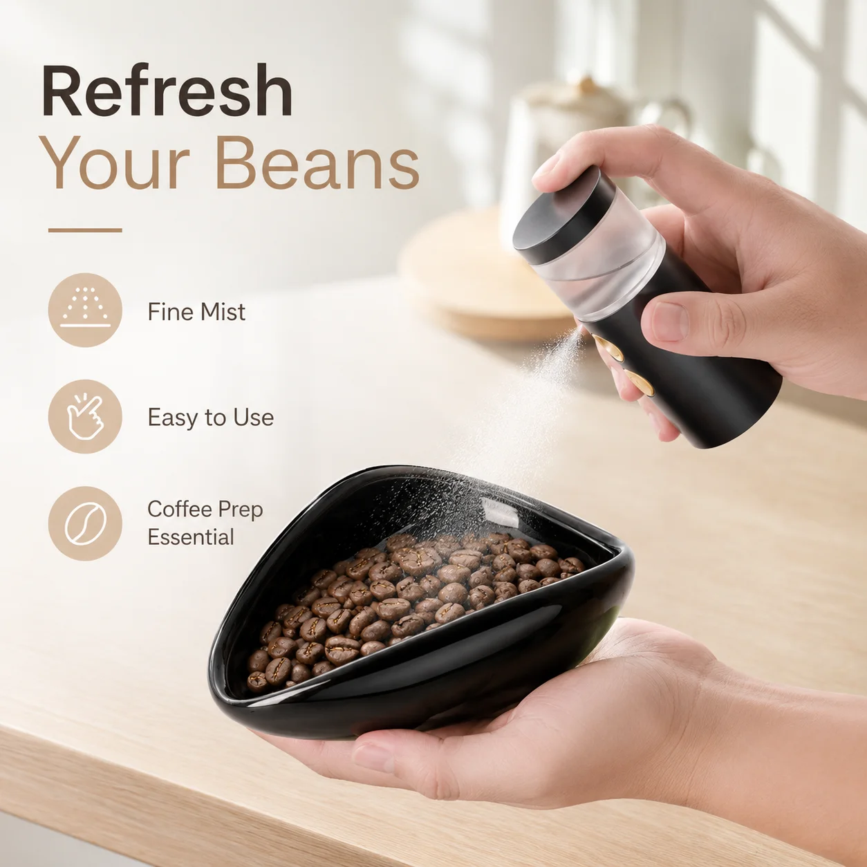 Conjunto de Umidificador e Copo Dosador para Grãos de Café, Garrafa Pulverizadora Elétrica RDT com Bandeja de Cerâmica para Moedores de Café Expresso
