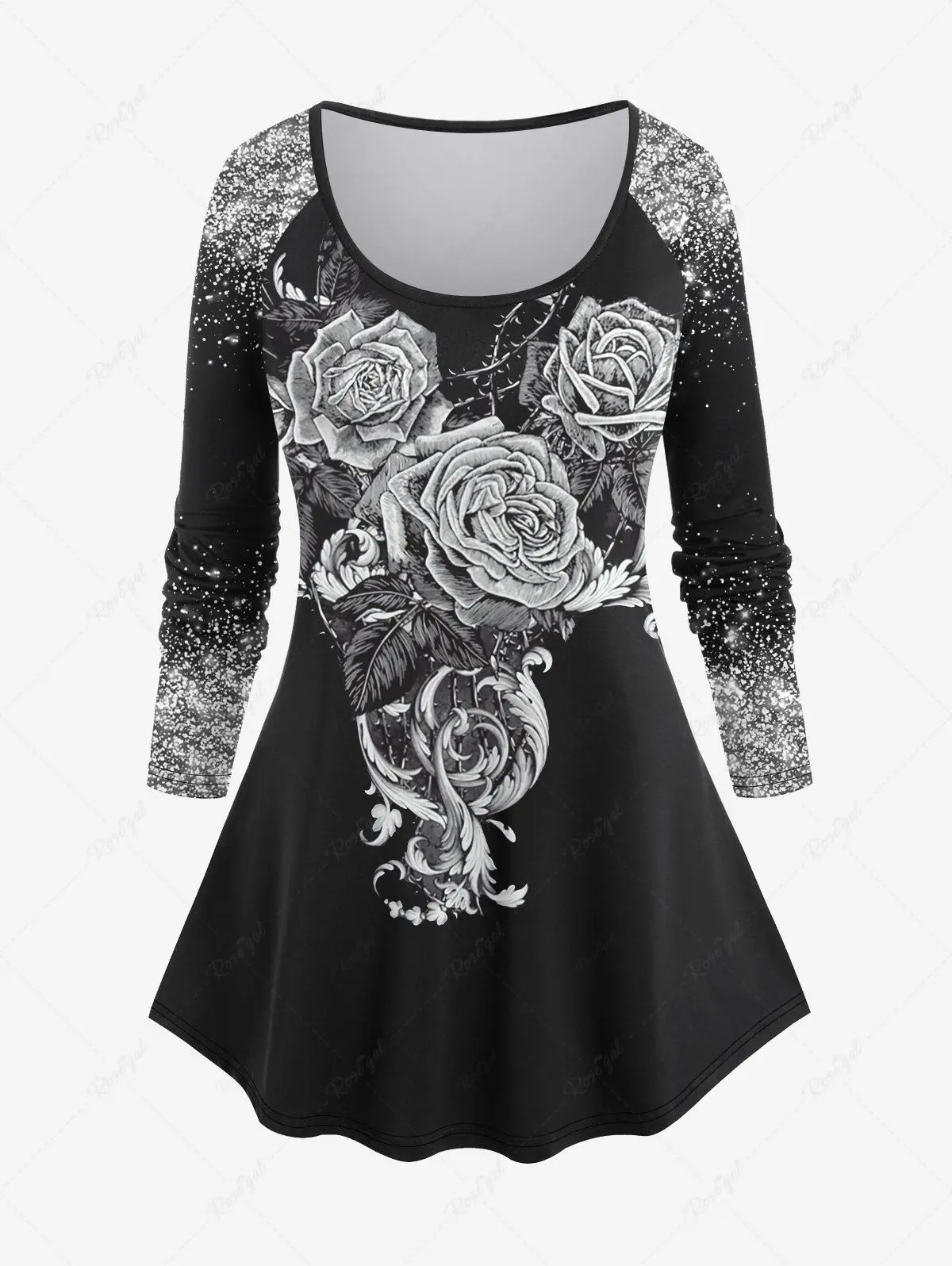 Plus Size Casual Matching Set for Women Rose Flowers Leaf  Sparkling Sequin Glitter 3D Print Raglan Sleeve T-shirt or Leggings