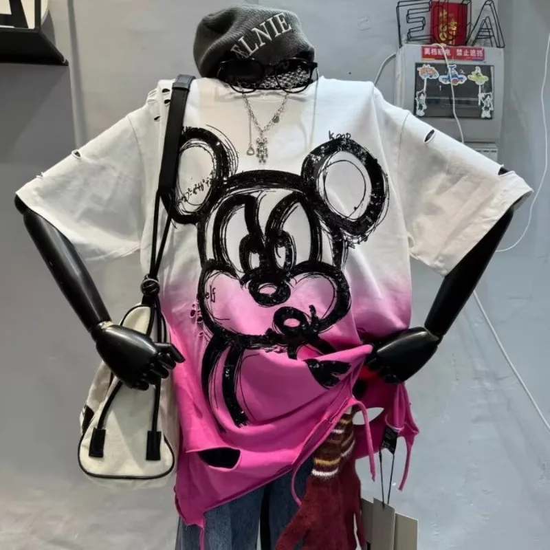 

Summer New Popular Short Tie-dye Oversized Heavy Craft Beads Cartoon Mickey Tops Short Sleeved Tshirt Kawaii Clothes Pullovers
