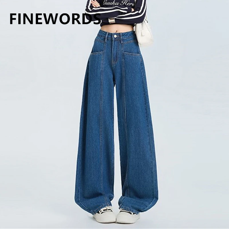FINEWORDS Vintage Causal High Waist Jeans Women Korean Blue Wide Leg Jeans Streetwear Easymatch Baggy Jeans