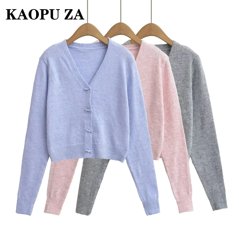 KAOPU ZA 2024 Autumn Woman Chic V-Collar Knit Cardigan Outerwear Vintage Woman's Long Sleeve Top Ruffles Short Sweater Jacket