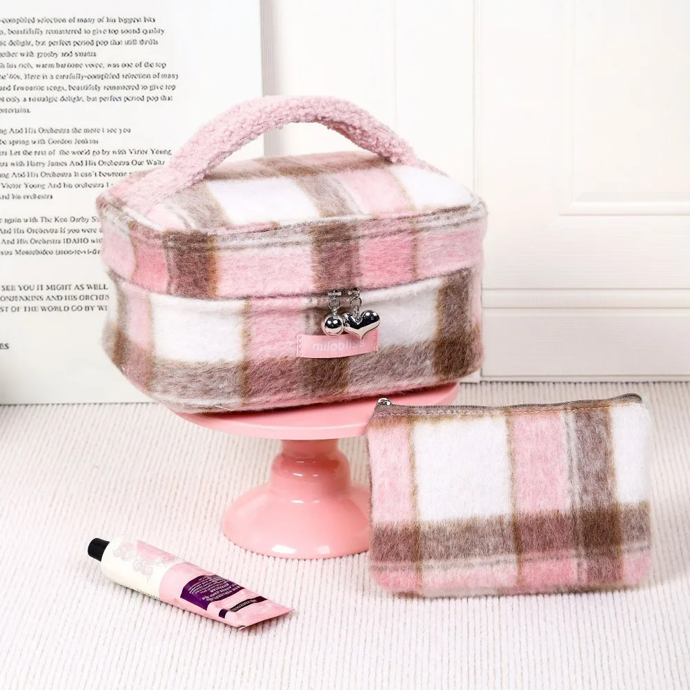 Pink Green Grid Makeup Bag Large Capacity Zipper Closure Cosmetic Storage Bag High Quality Compartmentalized Storage
