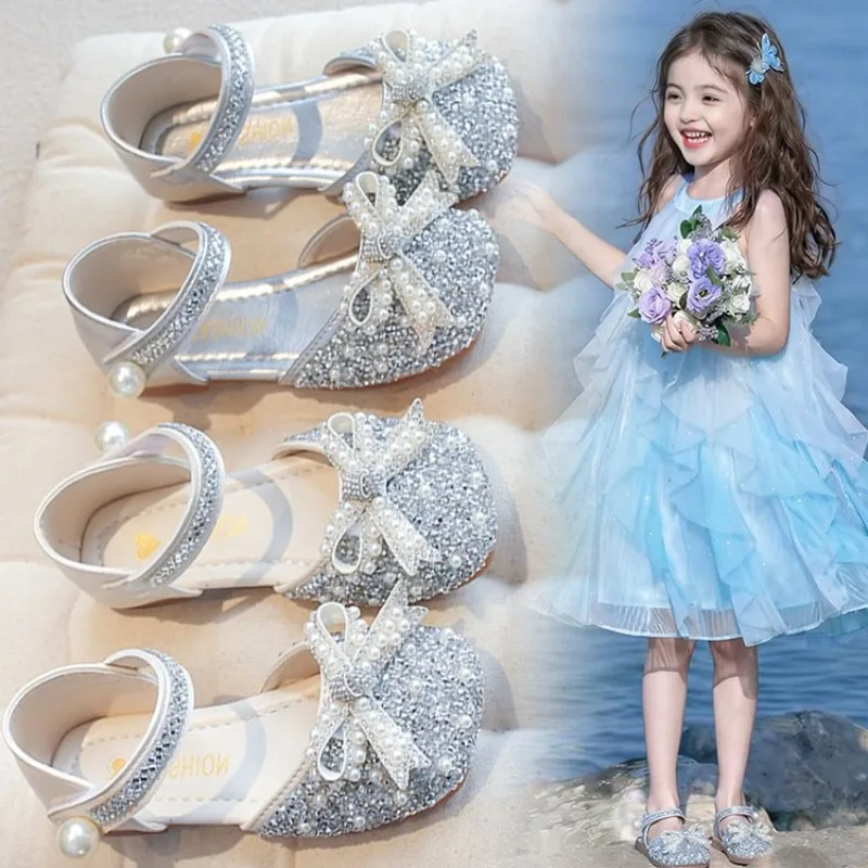 Summer Girls Flat Princess Leather Shoes Fashion Sequins Bow Rhinestone Baby Shoes Kids Shoes For Party Wedding Party Sandals