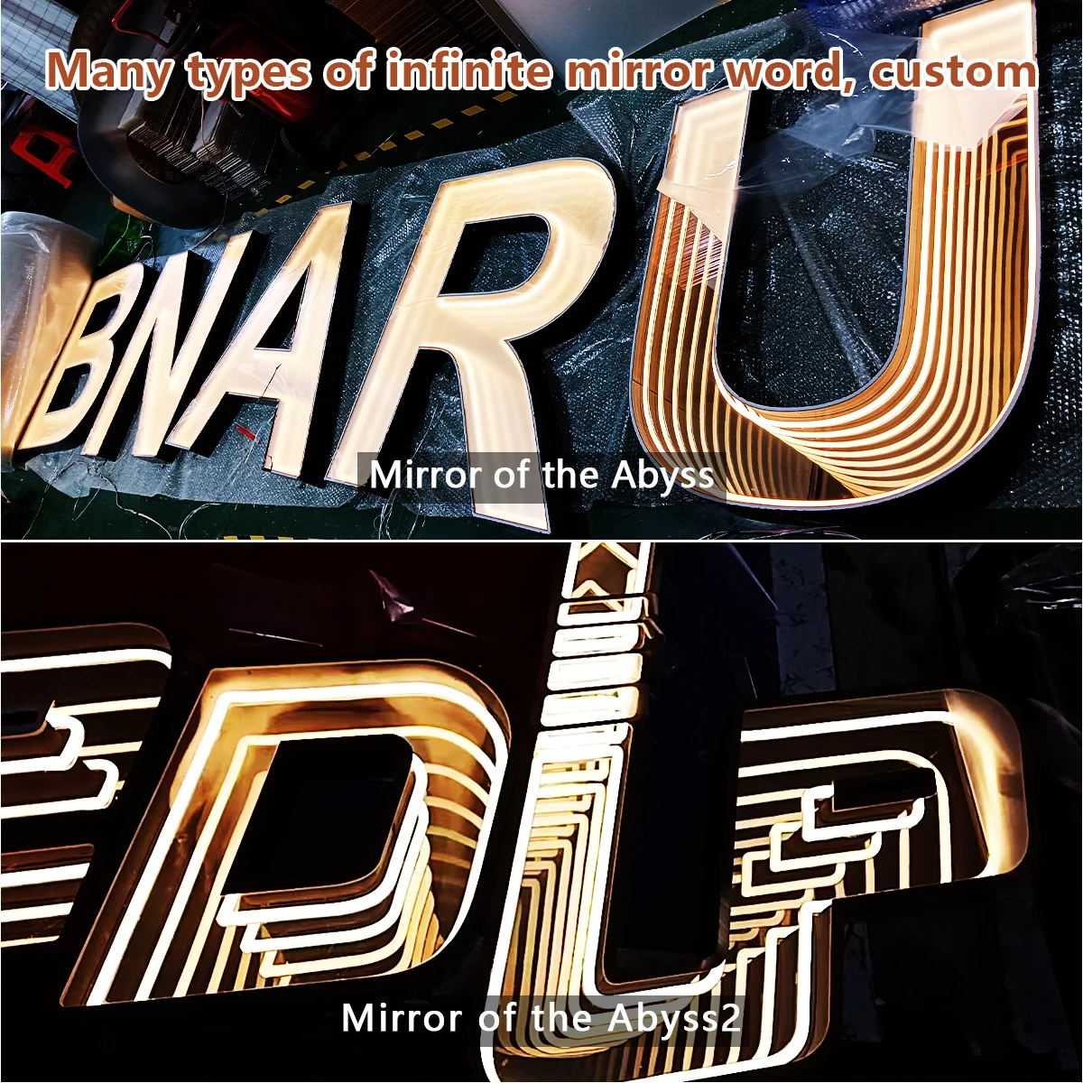 Miroir alphabet avec personnages rétroéclairés colorés, miroir abîme, atmosphère active, éclairage KTV, bar et fête exclusive