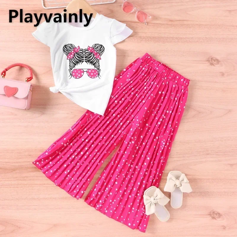 Girls Summer Set Cartoon Print Round Collar Flare Sleeve T-shirt+Wide Leg Pants Children Casual 2pcs Set Baby Clothes Et100