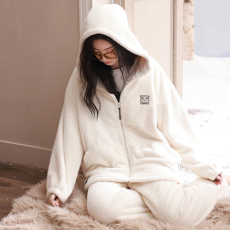 

Женский зимний утепленный комплект пижам с капюшоном: милая домашняя одежда из кораллового флиса, теплый фланелевый женский костюм, осенний свитшот