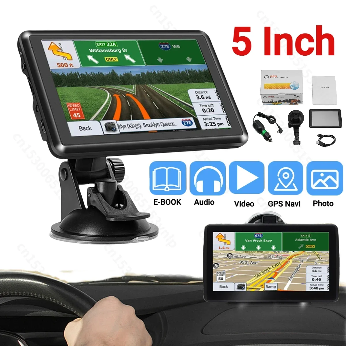 5 Inch Car GPS Navigation HD Touch Screen Car GPS Navigator FM Transmitter Voice Reminder EU AU North America Map Speeding Alarm