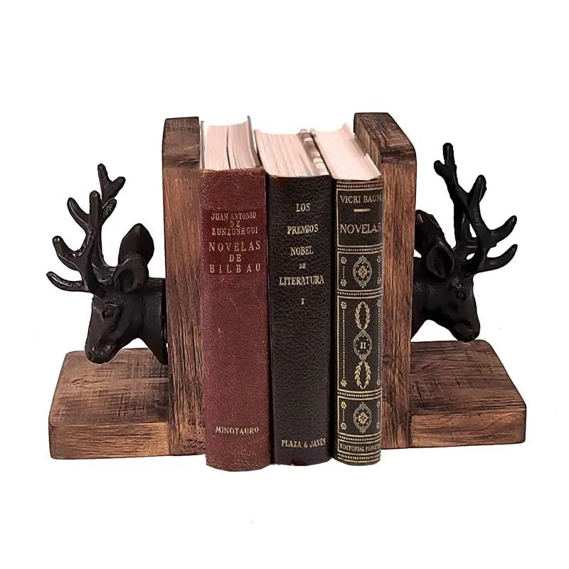 American Style Rural Cast Iron Deer Head Solid Wood Bookends Student Desktop Organization and Storage Retro Ornaments