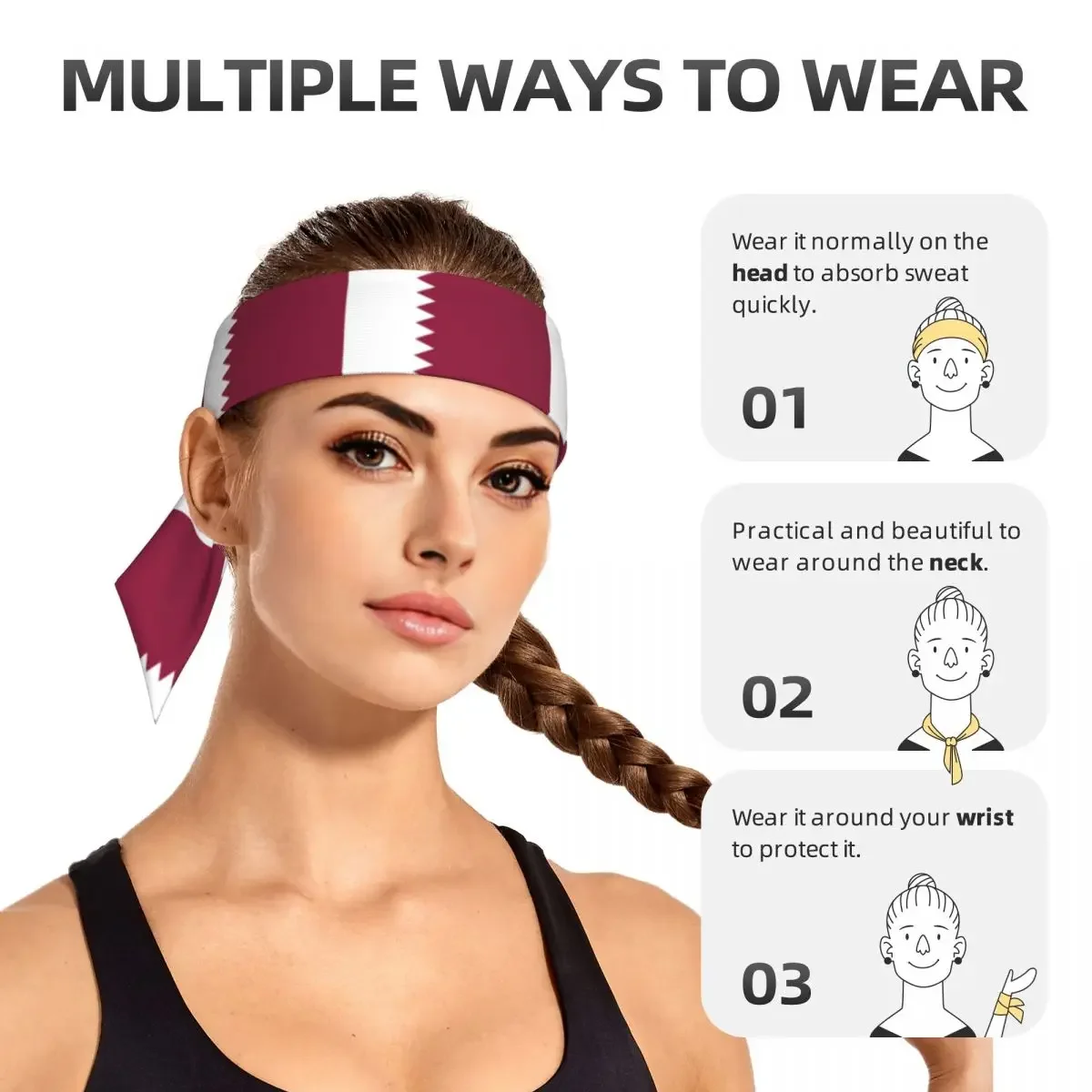 Corbata de cabeza con bandera de Catar, diadema deportiva, bandas de sudor para atletas, envoltura para la cabeza para hacer ejercicio, correr, Yoga