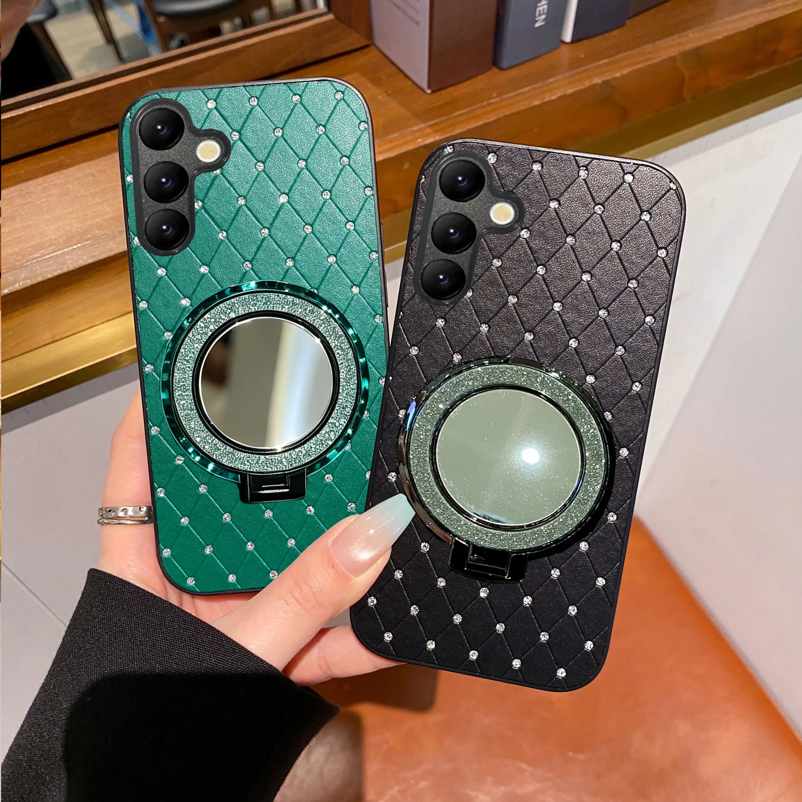 Rhombus Grid Patter Phone Case  Makeup Mirror Magnetic Ring Bracket for Samsung Galaxy S26 S25 S24 S23 S22 Plus,Ultra,  FE Cover