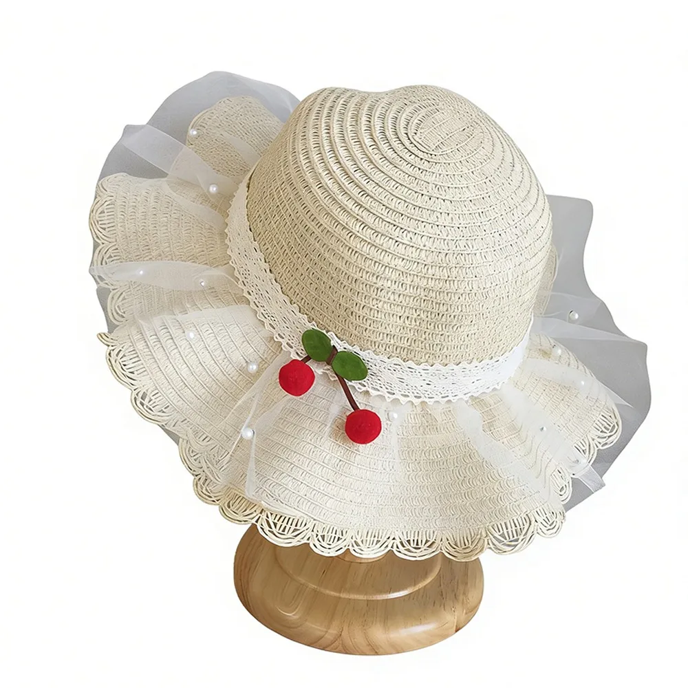 

Детская соломенная шляпа с широкими полями, кружевной отделкой, дышащим материалом и жемчужным декором, для защиты от солнца