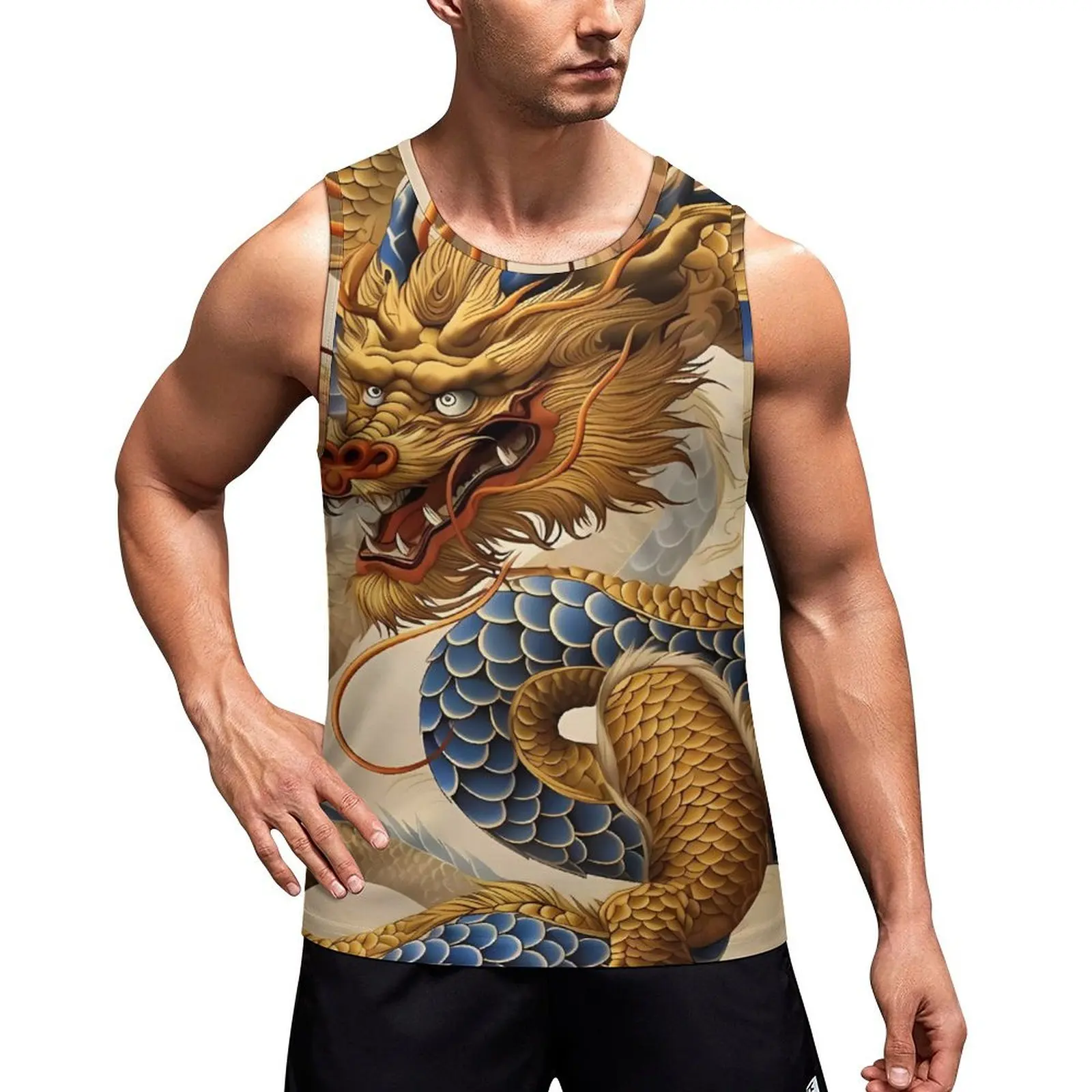 Dragon Print Daily Tank Top Yakuza Anime Gym Tops Man Graphic Sportswear Sleeveless Shirts Plus Size