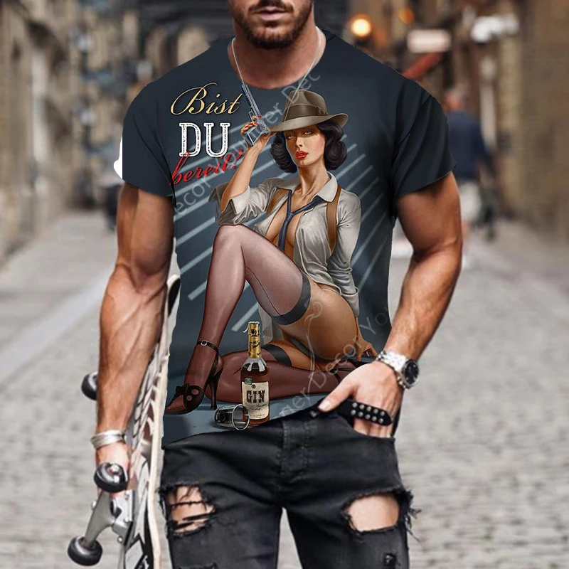 2022 New Men\'s Round Neck T-Shirt Street Fashion Style Motorcycle Beauty 3D Printing Short Sleeve Retro Oversized Shirt XXS-6XL