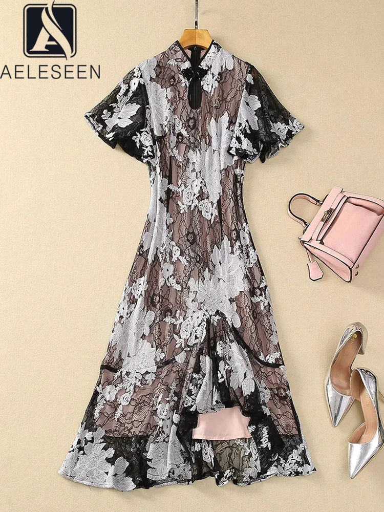 

AELESEEN Designer Fashion Lace Dress Spring Summer Flare Sleeve Hollow Out Beading Embroidery Slim Elegant Trumpet Midi Vestidos