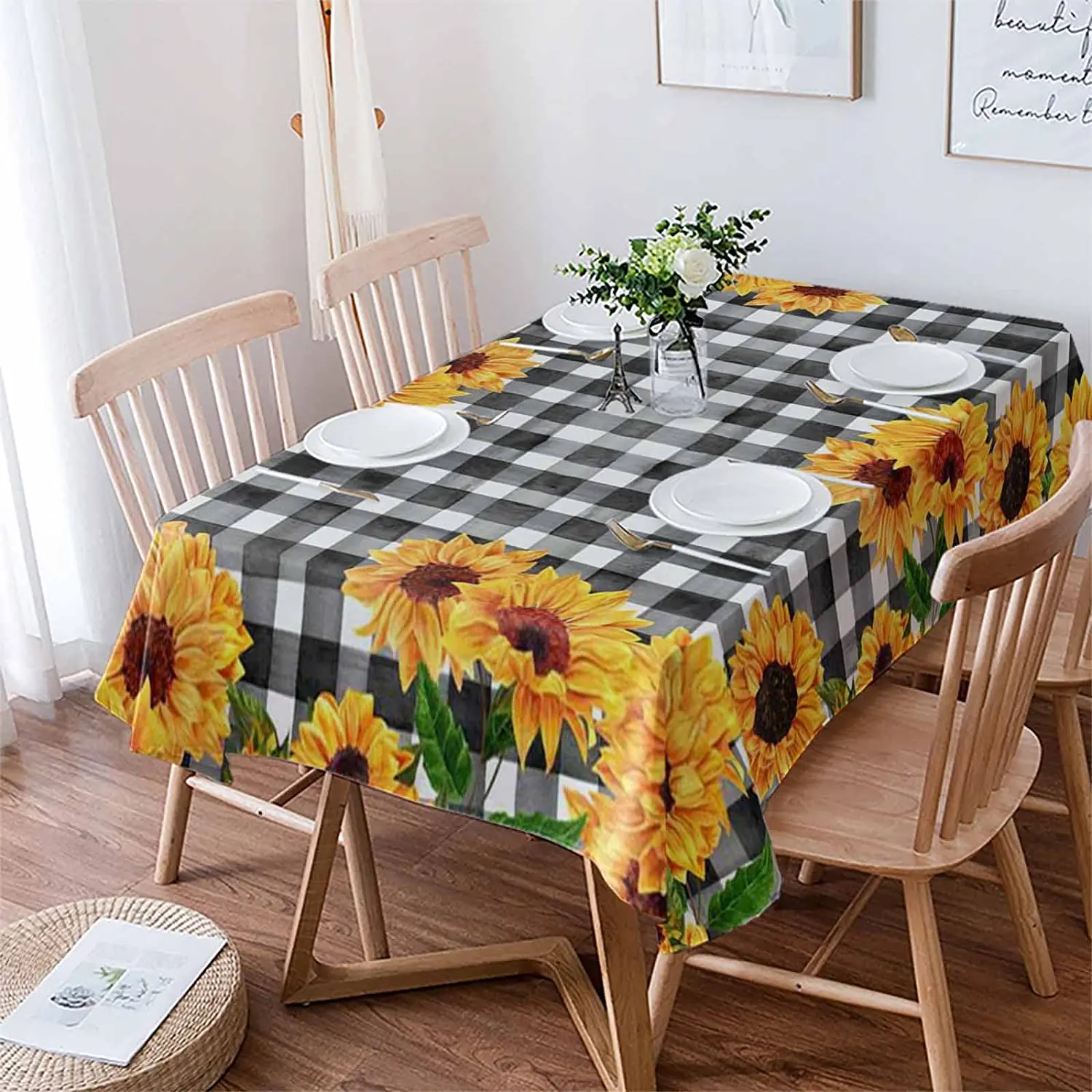 Sunflower Black Plaid Rectangle Tablecloths Holiday Party Decoration Waterproof Wrinkle-Resistant Tablecloth for Wedding Decor