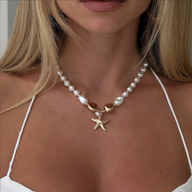 Bohemian Imitation Pearl Choker Necklace for Women Gold Color Shell Starfish Pendant Collar Summer Beach Vacation Jewelry Gift