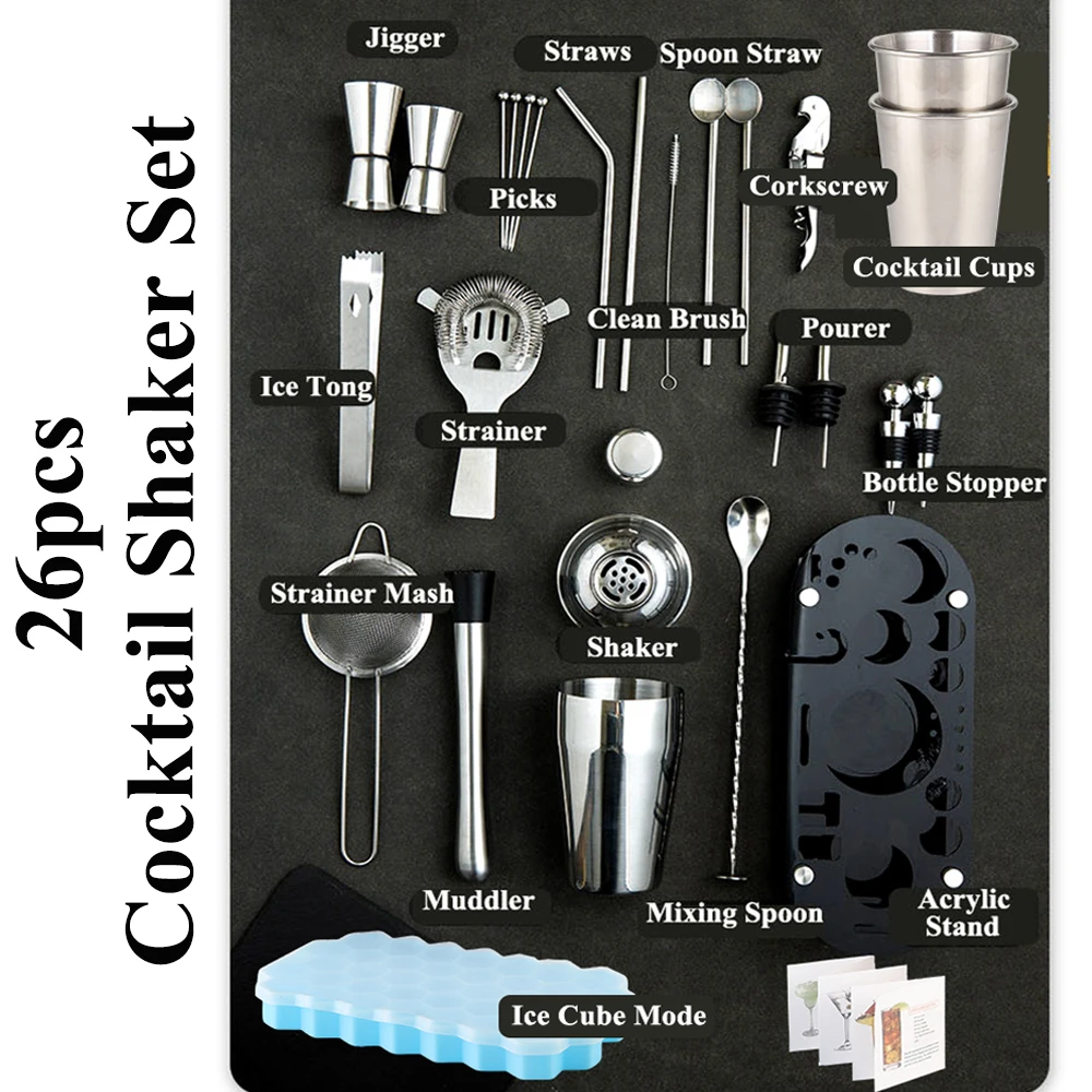 26pcs Boston Cocktail Shaker Set Bartender Kit Cocktail Utensils Bar Shaker Set Home Bar Accessories WIth Ice Cube Mode Cups