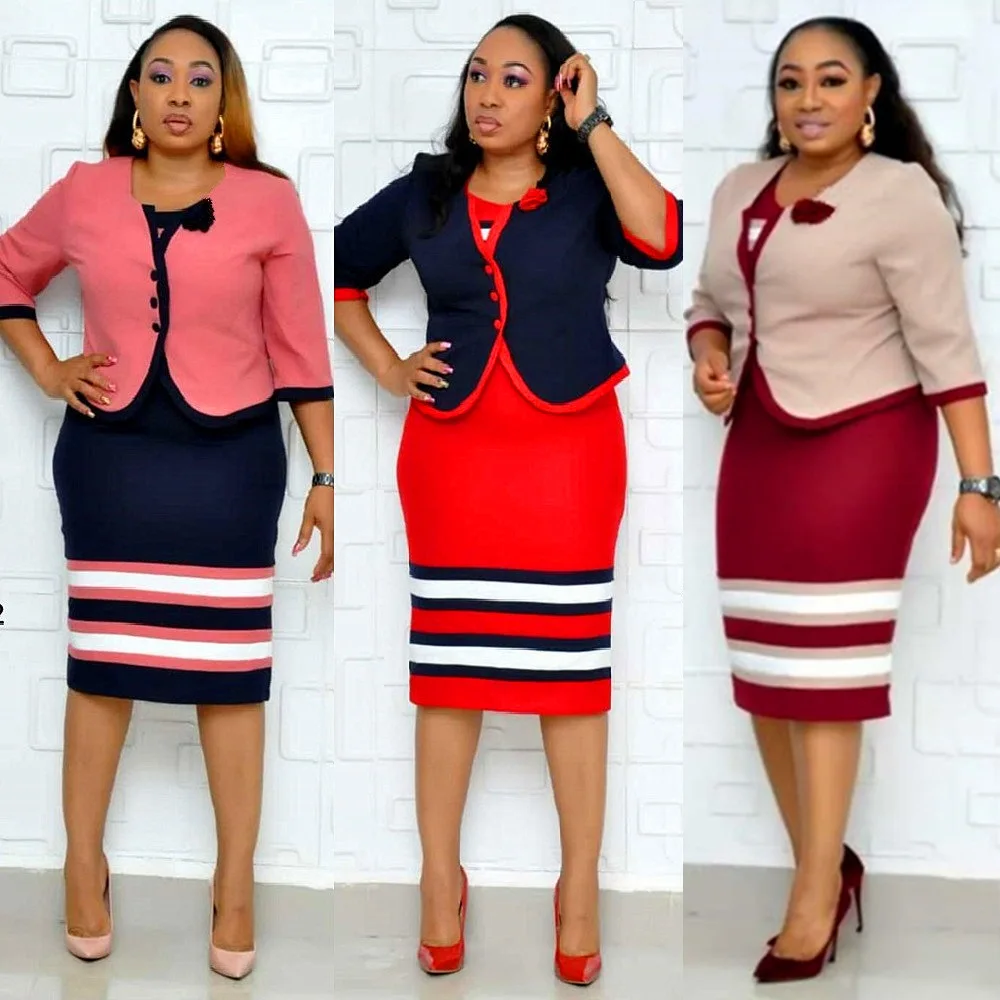 Plus Size Hot Sale New Fashional Three Quarter Sleeve O Neck Top And Dresses Suits For African Office Ladies