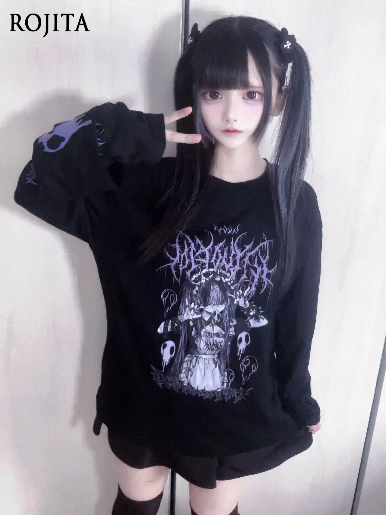 

Футболка с длинным рукавом в стиле милого японского аниме, осенняя готическая футболка оверсайз, женская одежда
