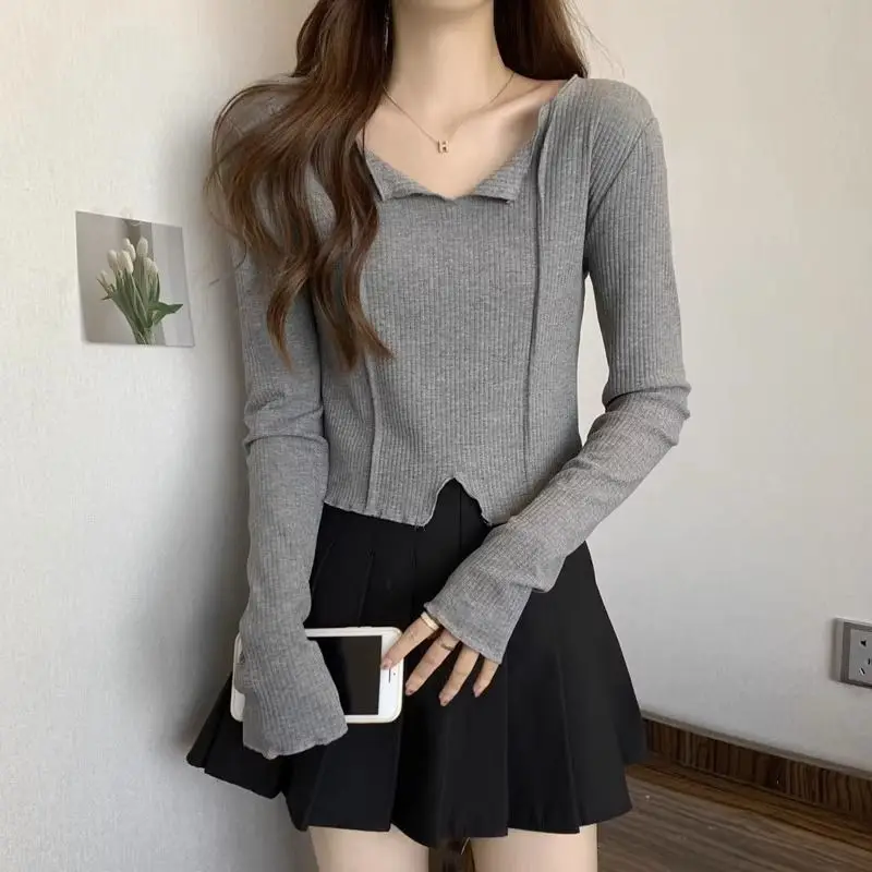 Spring Autumn New V-neck Fashion Long Sleeve T-shirt Women High Street Casual Striped Sweet Young Style Sweet All-match Tops image 2