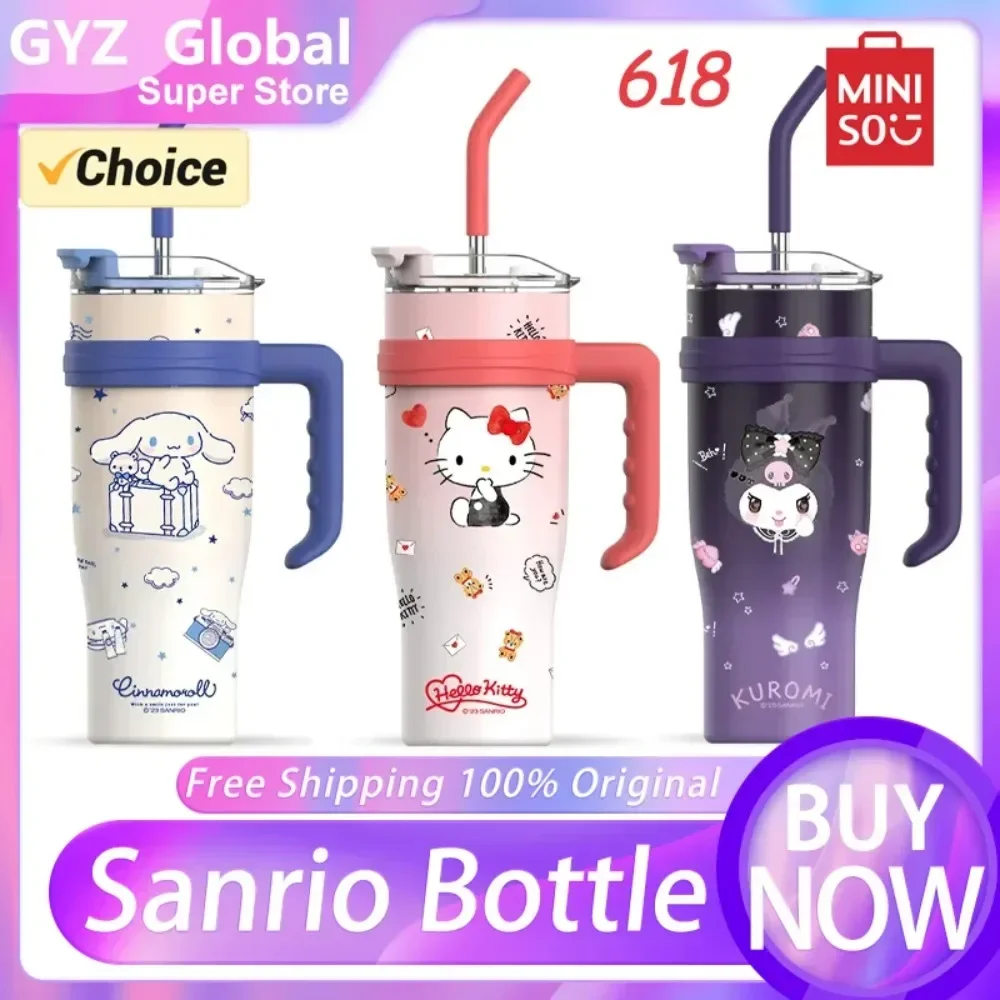 1200ml  Thermos Bottle Cold Ice Cute Hello Kitty Kuromi Cinnamoroll Melody Stainless Steel Water Bottle Tumbler Straw Gift