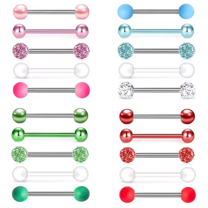 5PCS Acrylic Tongue Piercing Barbell Set Stainless Steel Glitter Tongue Rings Lot 14G Nipple Piercing Bar Bulk Piercing Langue