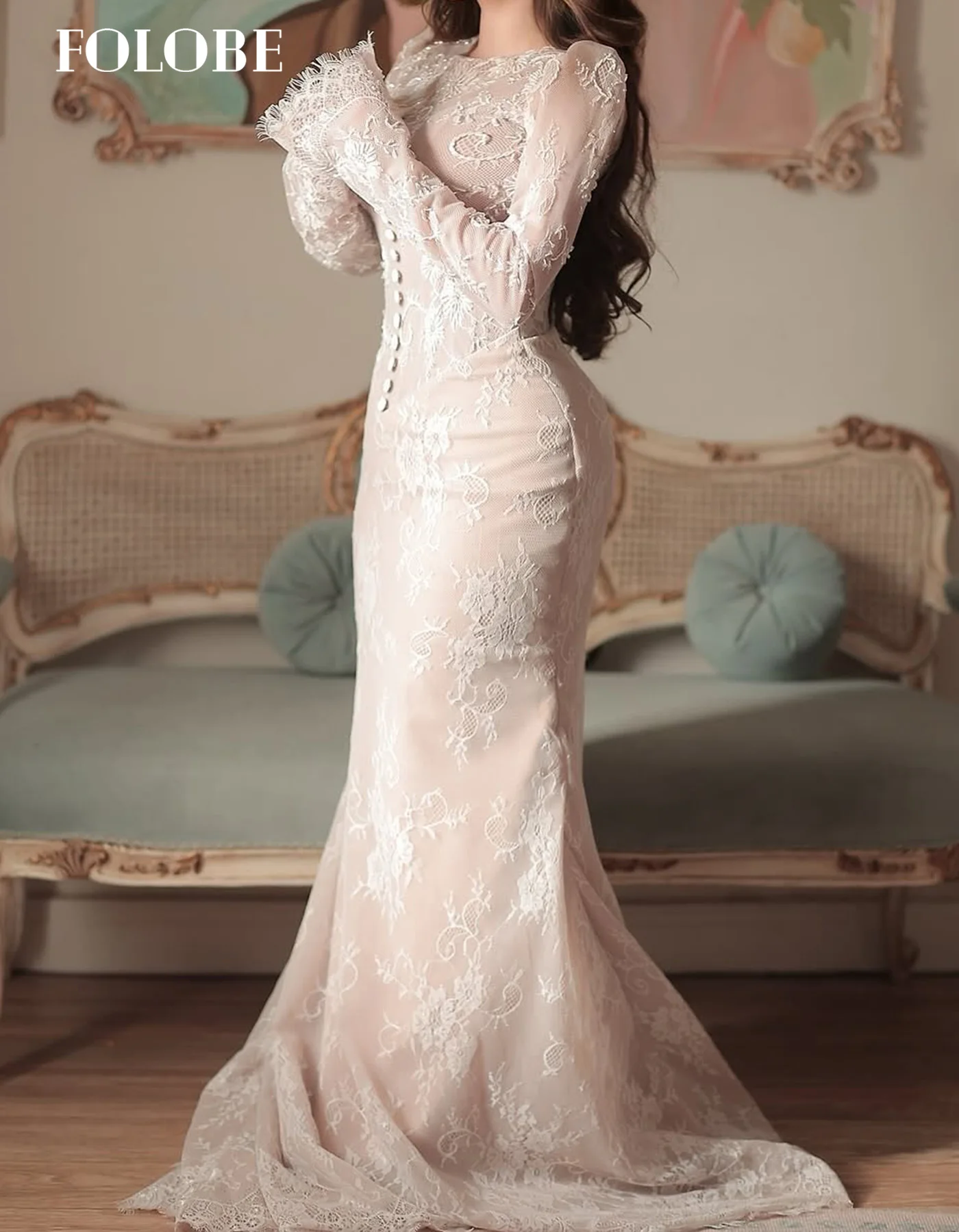 FOLOBE Pink Lace Evening Dresses Elegant O-Neck Mermaid Full Sleeve Prom Gowns for Women Wedding Dress Customized