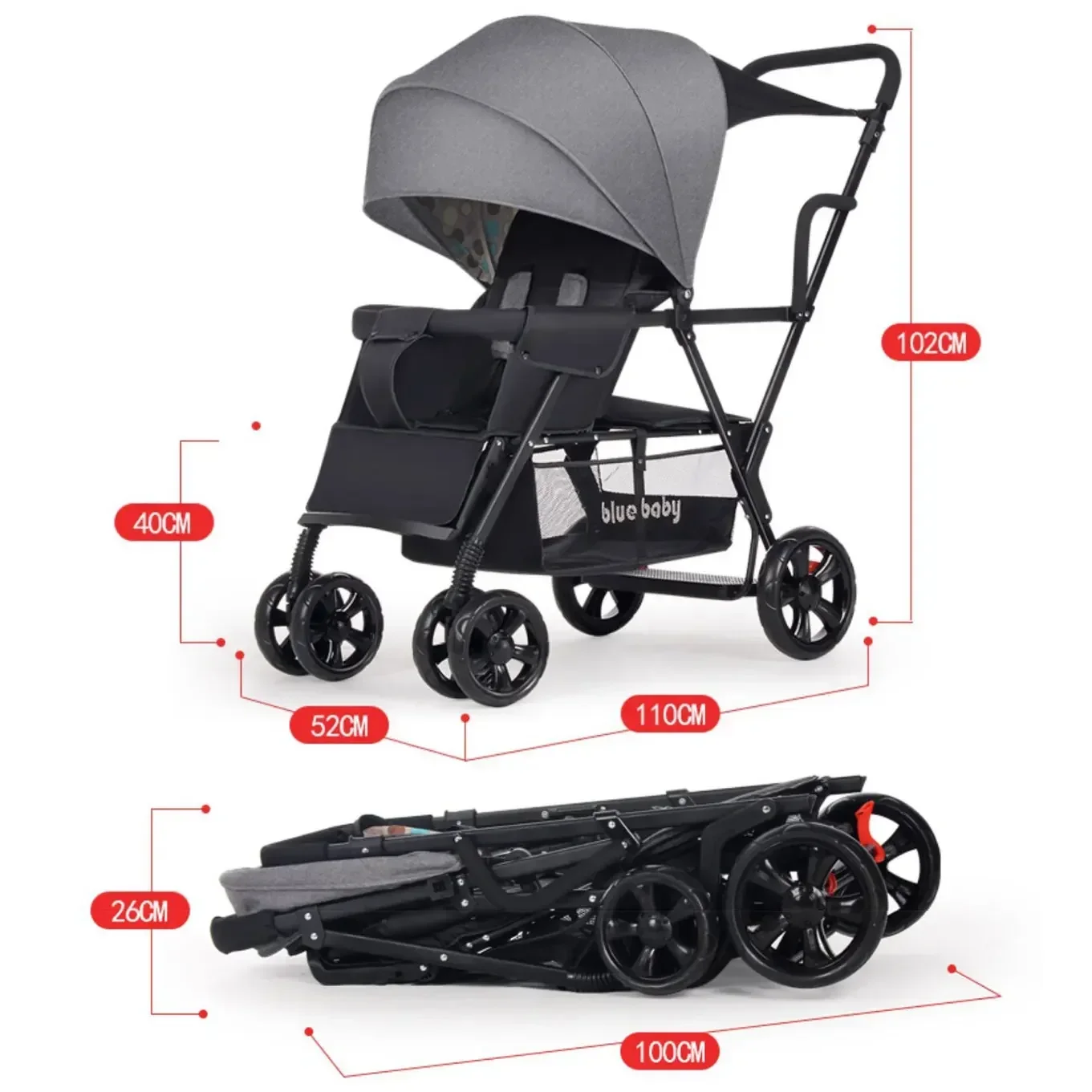 Twin Baby Stroller Two Person Stroller Two Child Handcart Detachable Front Rear Seats Lightweight Folding Sitting Lying Down