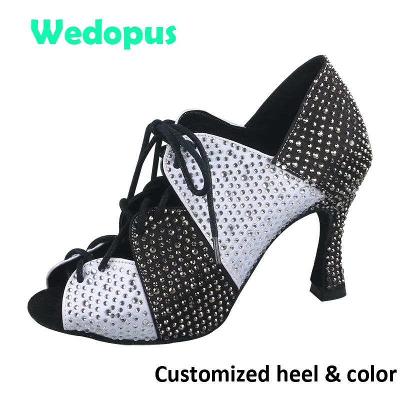 

Wedopus Customized 9CM Black and White Heels Dance Shoes Boot Sparkling Stones Dance Ankle Boots Open Toe