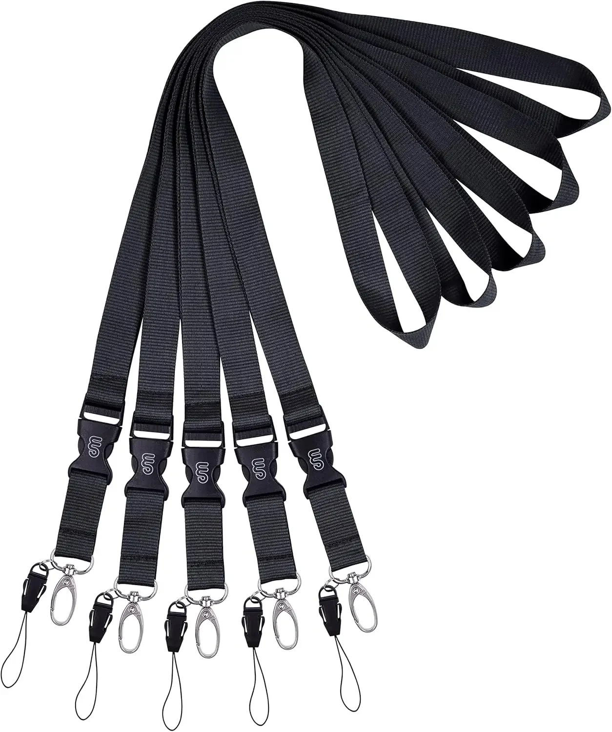 

5-Pack Quick Release Lanyard With Detachable Buckle, Metal Clasp For ID Badges, Keys, Phones - Black