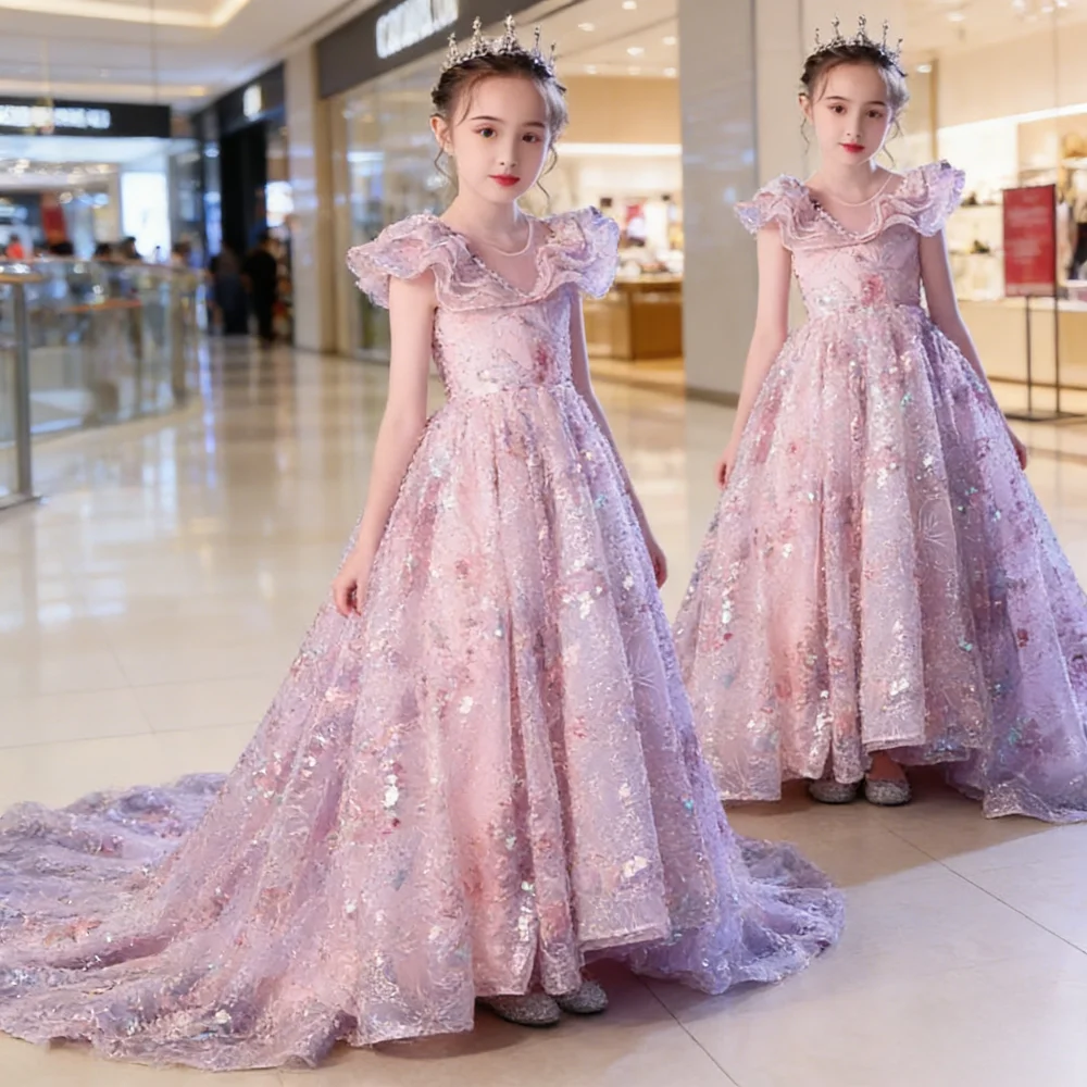 Pink Elegant Girls Princess Gown with Train Little Girl Host Formal Party Celebration Dresses Eid Kids Clothing Evening Dress